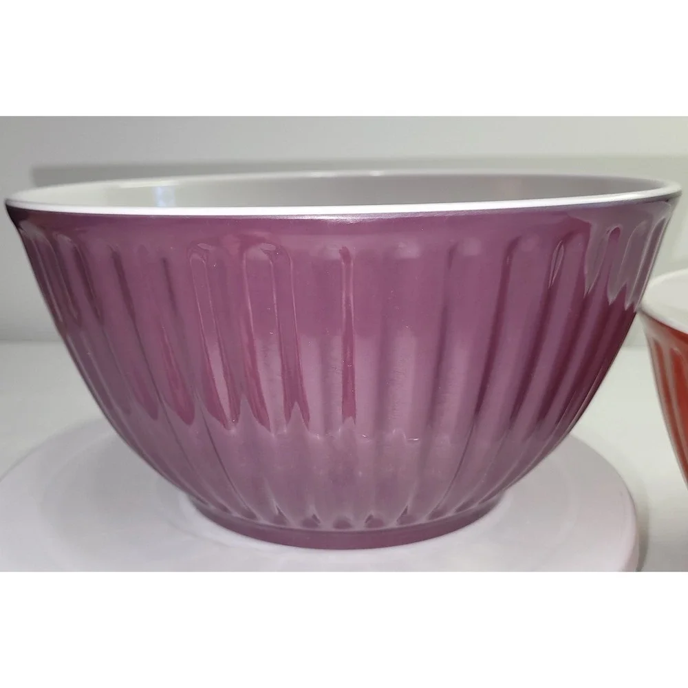 Melamine Mixing Bowl Set Purple Burnt Orange Fluted Ribbed with Lids 2pc